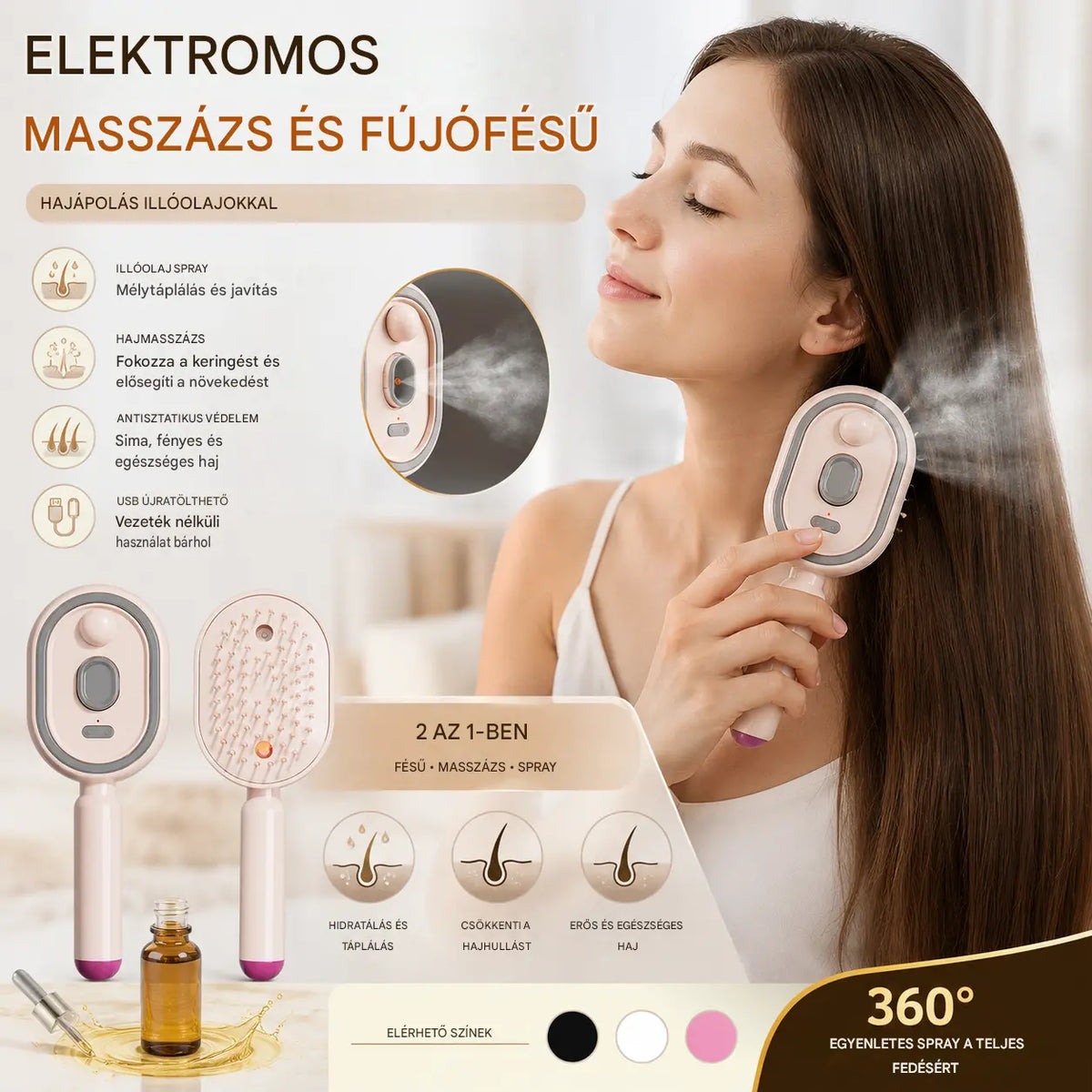 📢📢Különleges ajánlat!! ⏰Elektromos masszázsfésű légzsákos spray-vel és illóolajjal, hajfésű tápláláshoz és permetezéshez✨🔥