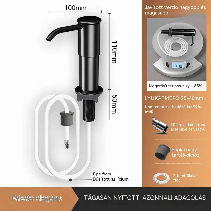【Korlátozott ideig 50% kedvezmény!】Beépített szappan- és mosószeradagoló konyhai mosogatóba, prémium rozsdamentes acélból készült, közvetlenül az üvegre öblítő, kihúzható csővel és 304-es gravitációs golyóval, gyors pumpálással