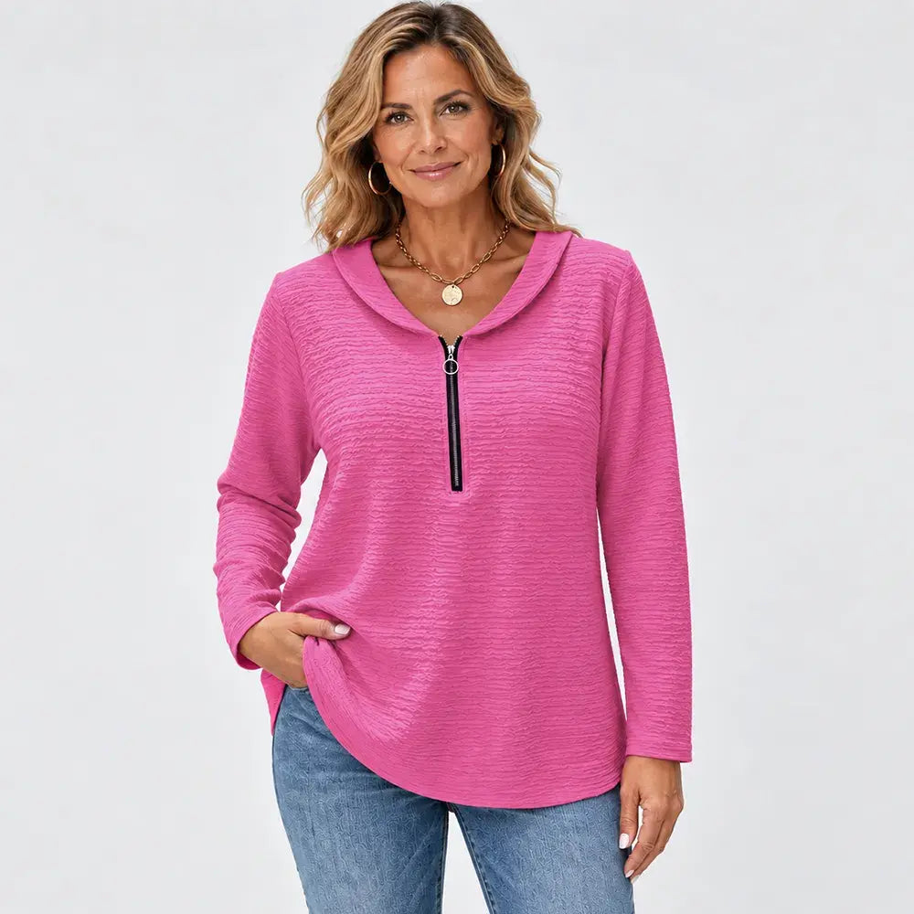 【Időszakosan 50% kedvezmény!】✨【S-5XL】Ženski jednobojni top s elegantnom plisiranom tkaninom, ovratnikom Petra Pana, zatvaračem na patentni zatvarač i klasičnim krojem preko ramena.