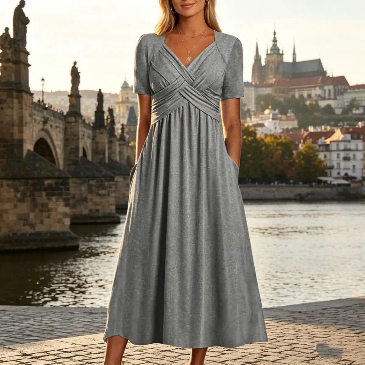 【Korlátozott ideig 50% kedvezmény!】💃【S-3XL】Tiszta színű, hétköznapi divatos közepes hosszúságú ruha
