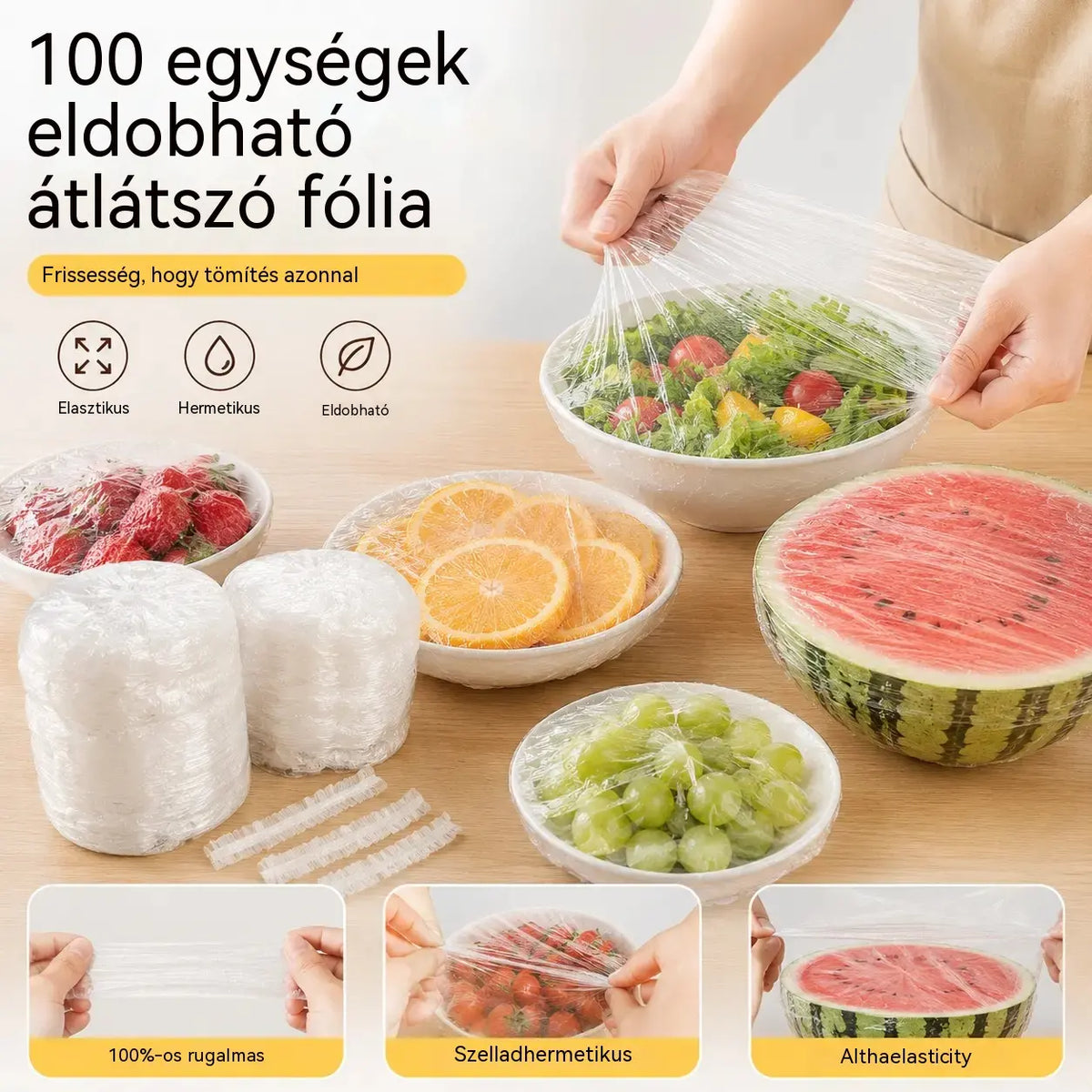 【200 darab】Eldobható átlátszó fólia, ideális tárolóedényekhez és élelmiszerekhez. Tökéletesen illeszkedik, jó tömítést biztosít, és könnyen használható.
