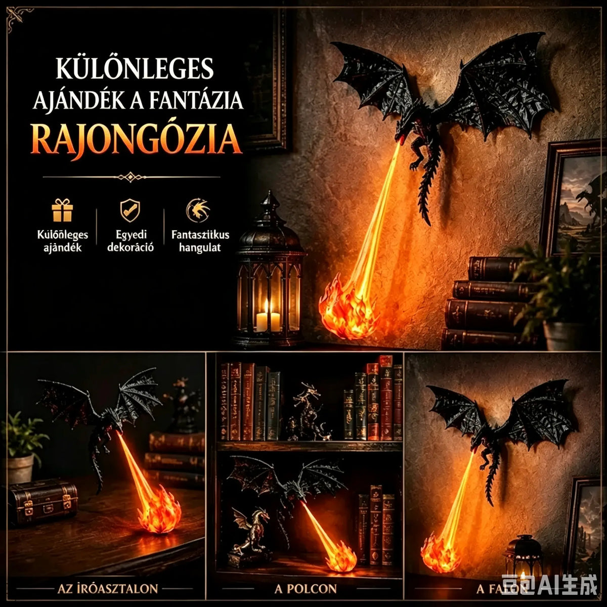 🐉🔥 3D tűzokádó sárkány LED fény | Fantázia világító könyvespolc dekoráció