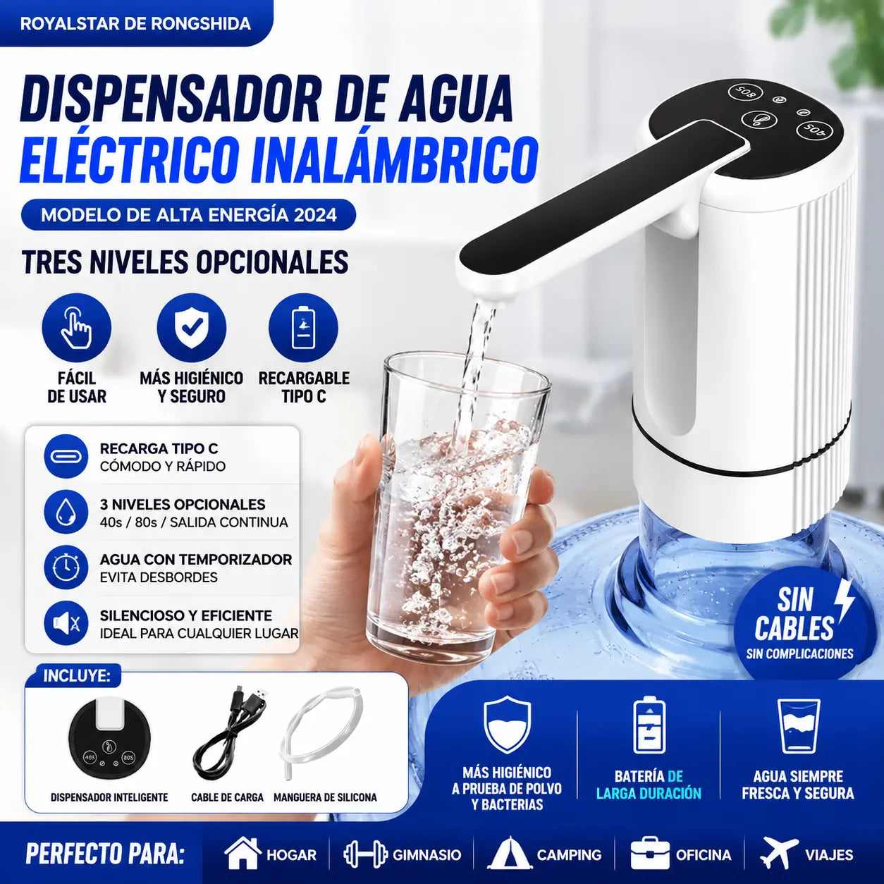 💧⚡Önfelszívó elektromos vízszivattyú palackozott vízhez, 3 állítható időzítő beállítással