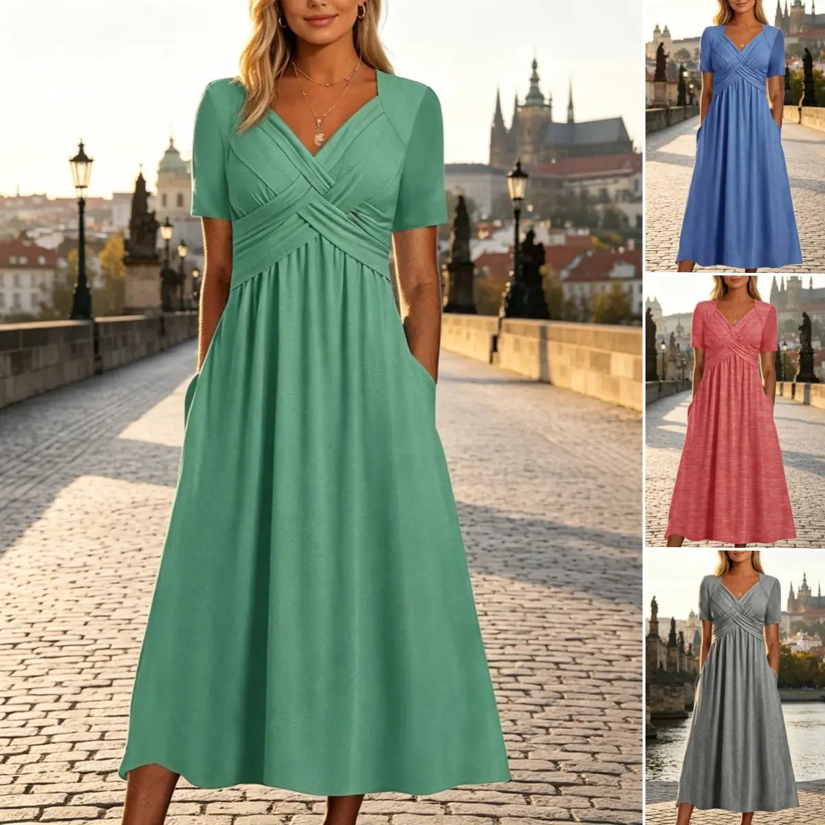 【Korlátozott ideig 50% kedvezmény!】💃【S-3XL】Tiszta színű, hétköznapi divatos közepes hosszúságú ruha