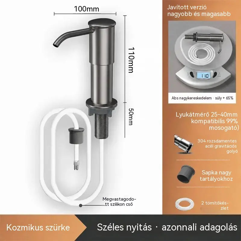 【Korlátozott ideig 50% kedvezmény!】Beépített szappan- és mosószeradagoló konyhai mosogatóba, prémium rozsdamentes acélból készült, közvetlenül az üvegre öblítő, kihúzható csővel és 304-es gravitációs golyóval, gyors pumpálással