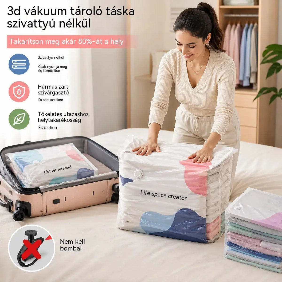 【Időkorlátozott 50% kedvezmény!】🧳【5 darab】💨 Nagy, összenyomható vákuumos tárolózsák: nincs szükség pumpára, szivárgásmentes, és ideális helytakarékosságra bőröndökben és otthon ✈️