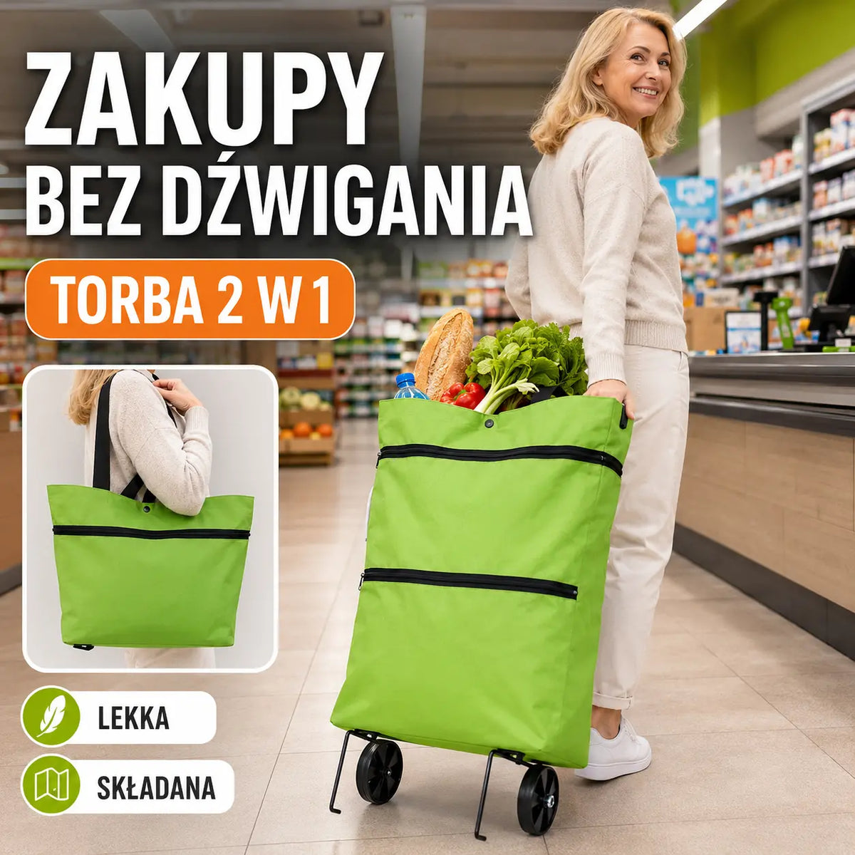 【Időkorlátos 50%-os kedvezmény!】2 az 1-ben összecsukható bevásárlótáska és hátizsák, könnyű bevásárlótáska és gurulós bevásárlókocsi