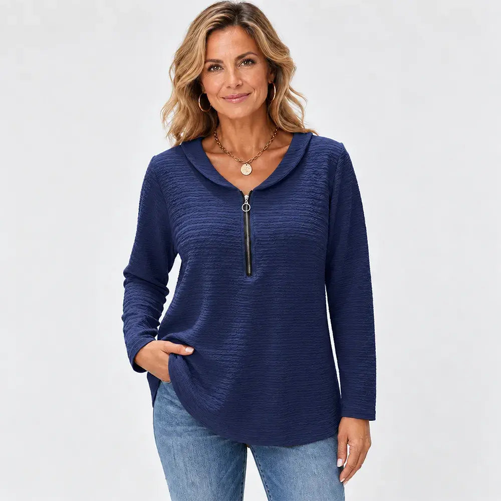 【Időszakosan 50% kedvezmény!】✨【S-5XL】Ženski jednobojni top s elegantnom plisiranom tkaninom, ovratnikom Petra Pana, zatvaračem na patentni zatvarač i klasičnim krojem preko ramena.