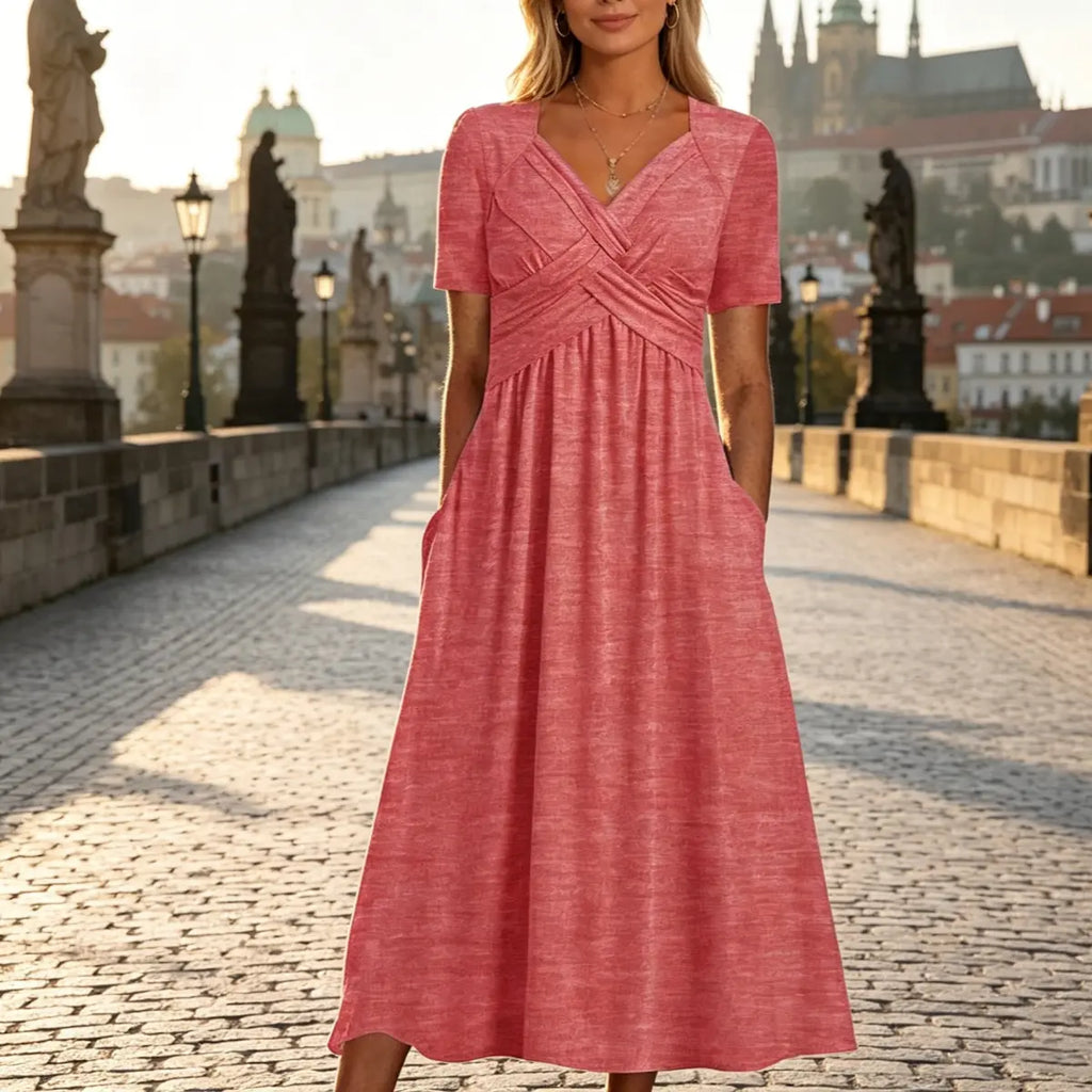 【Korlátozott ideig 50% kedvezmény!】💃【S-3XL】Tiszta színű, hétköznapi divatos közepes hosszúságú ruha