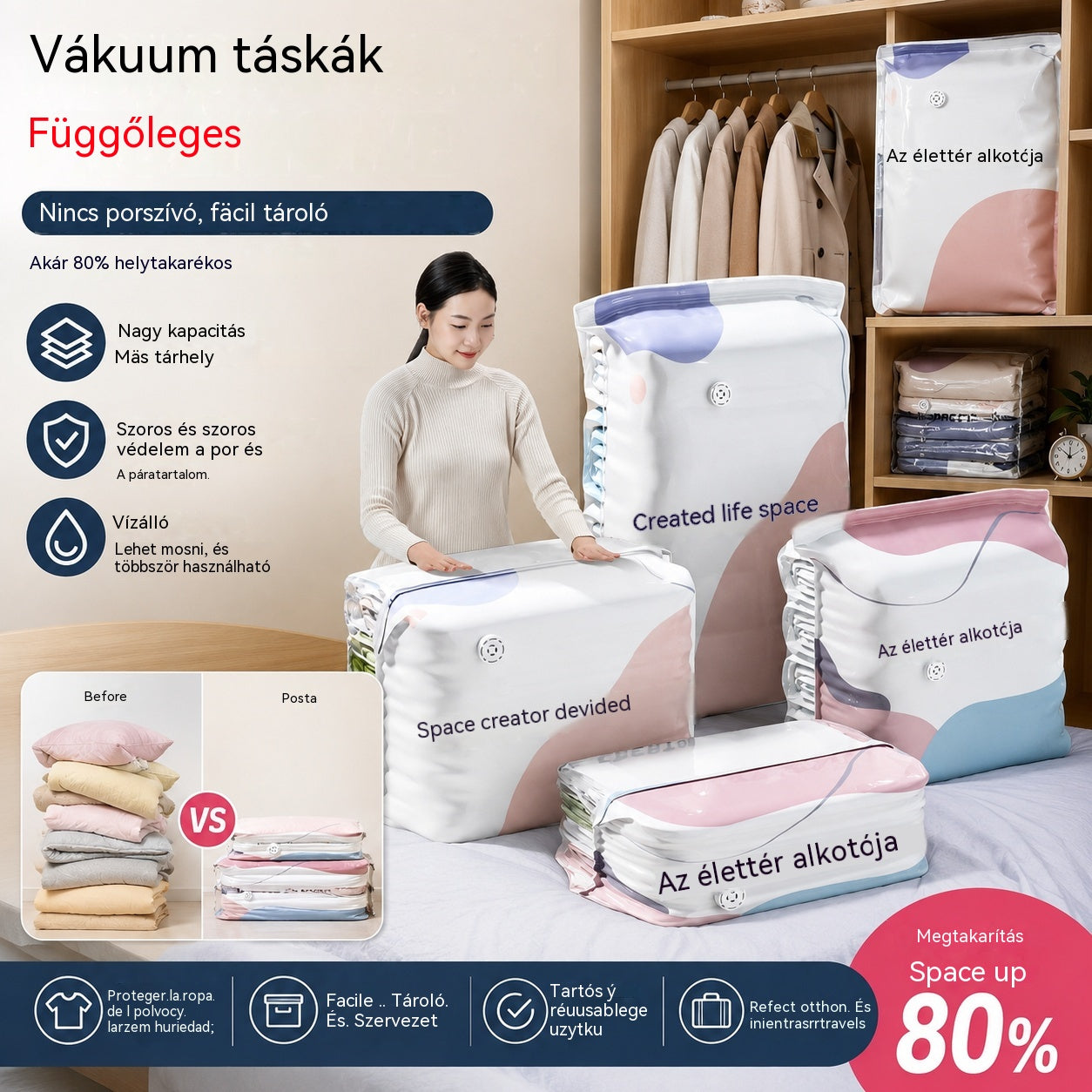 🧳【5 darabos készlet 9800 Ft】💨 Nagy, összenyomható vákuumos tárolózsák: nincs szükség pumpára, szivárgásmentes, és ideális helytakarékosságra bőröndökben és otthon ✈️