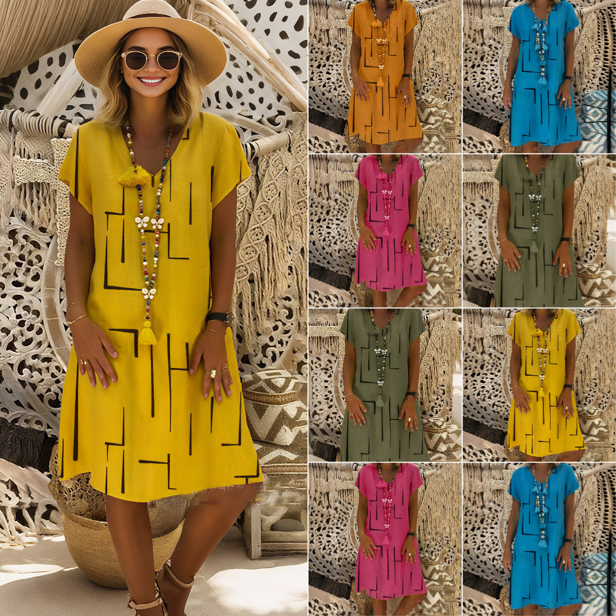 【Korlátozott ideig 50% kedvezmény!】【S–5XL】Mintás pamut ruha V-nyakkivágással