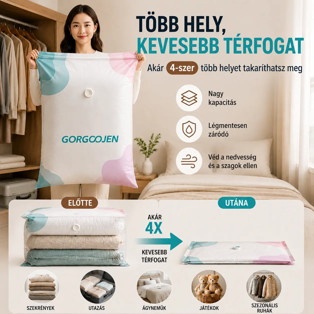【Időkorlátozott 50% kedvezmény!】🧳【5 tétel ára 9000 Ft】💨 Nagy, összenyomható vákuumos tárolózacskó: nem igényel pumpát, szivárgásmentes és ideális helytakarékosságra bőröndökben és otthon ✈️