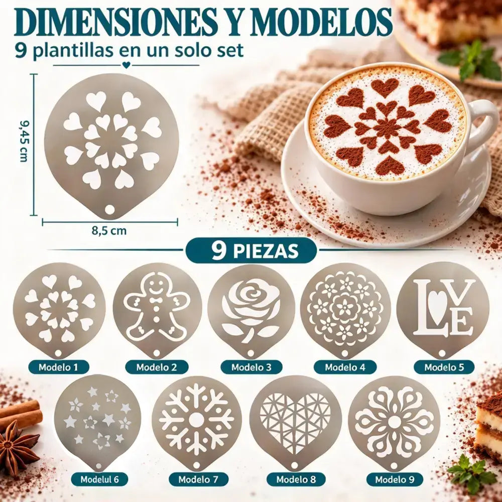 【50% kedvezmény!】☕【9 tétel 8400 Ft】 Rozsdamentes acél sablon kávé-latte art készítéséhez