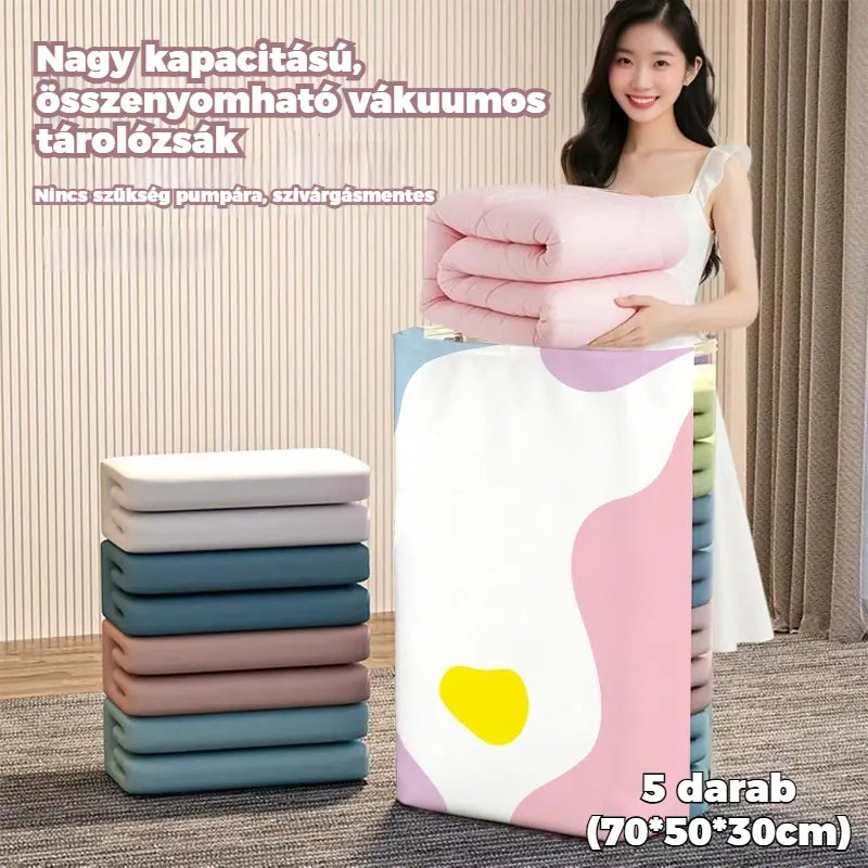 【Korlátozott ideig 50% kedvezmény!】【5 darabos készlet】Nagy, összenyomható vákuumos tárolózsák: nincs szükség pumpára, szivárgásmentes, és ideális helytakarékosságra bőröndökben és otthon