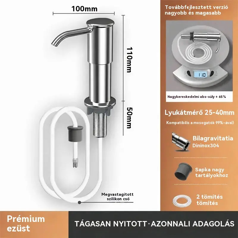 【Korlátozott ideig 50% kedvezmény!】Beépített szappan- és mosószeradagoló konyhai mosogatóba, prémium rozsdamentes acélból készült, közvetlenül az üvegre öblítő, kihúzható csővel és 304-es gravitációs golyóval, gyors pumpálással