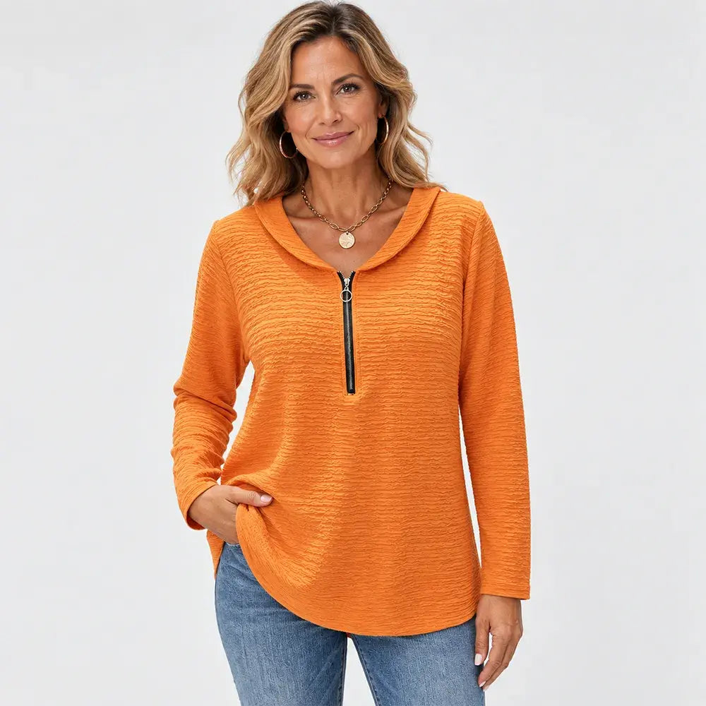 【Időszakosan 50% kedvezmény!】✨【S-5XL】Ženski jednobojni top s elegantnom plisiranom tkaninom, ovratnikom Petra Pana, zatvaračem na patentni zatvarač i klasičnim krojem preko ramena.