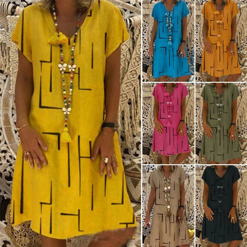 【Korlátozott ideig 50% kedvezmény!】【S–5XL】Mintás pamut ruha V-nyakkivágással