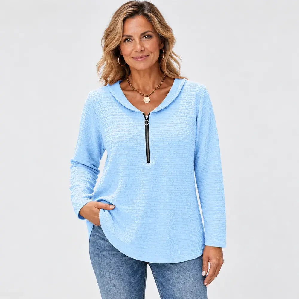 【Időszakosan 50% kedvezmény!】✨【S-5XL】Ženski jednobojni top s elegantnom plisiranom tkaninom, ovratnikom Petra Pana, zatvaračem na patentni zatvarač i klasičnim krojem preko ramena.
