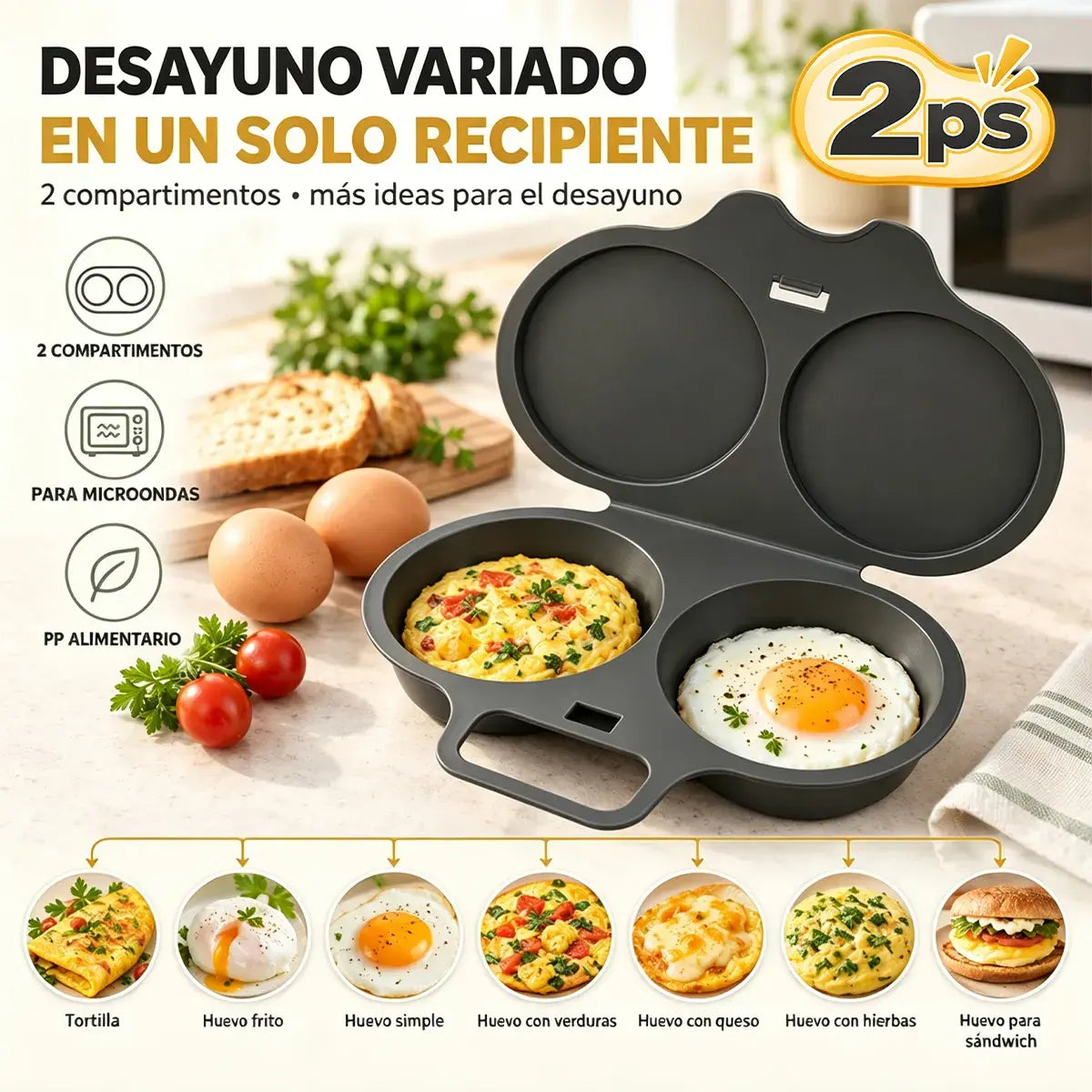 🎁2 darab💥Mikrohullámú tojásfőző: dupla rekeszes, tapadásmentes és könnyen tisztítható